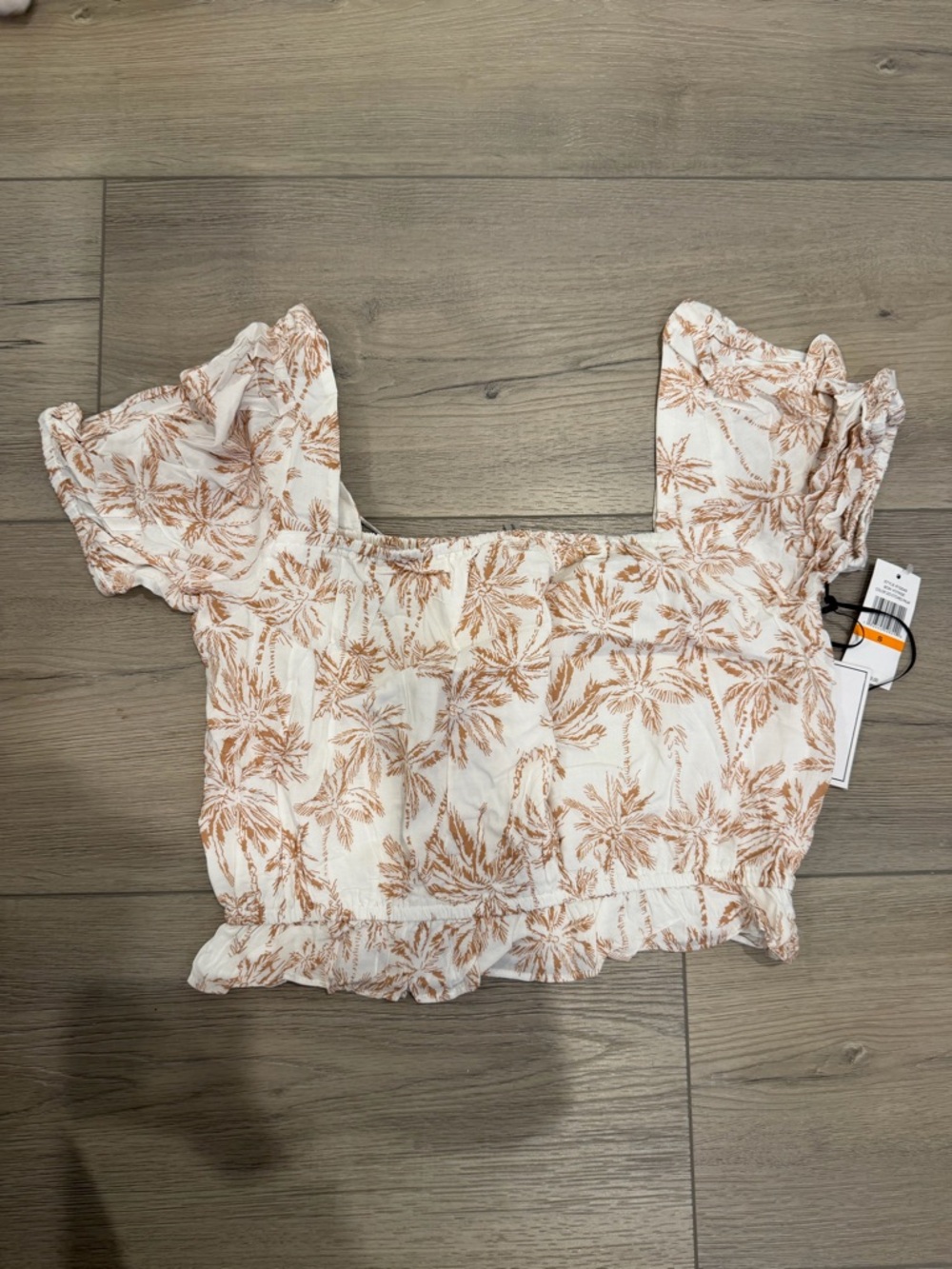 1. State White Crop Top with Tan Palm Print
